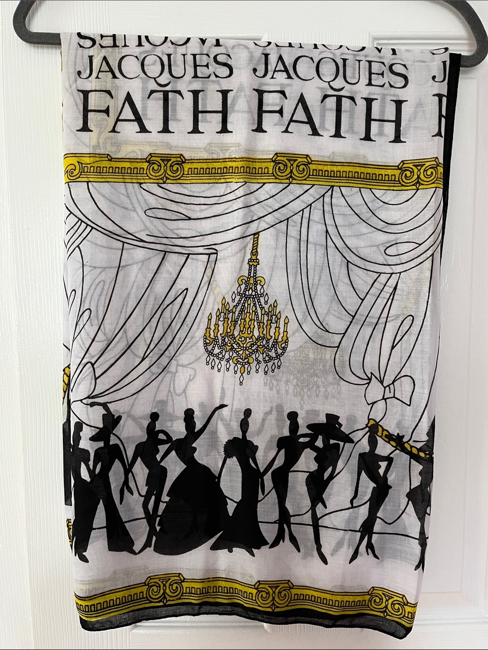 Vintage Jacques Fath Scarf Silhouette Dancers Large white black yellow gold